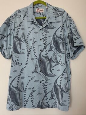 Kahala Men’s Light Blue Tropical Fish Print Aloha Hawaiian Shirt
